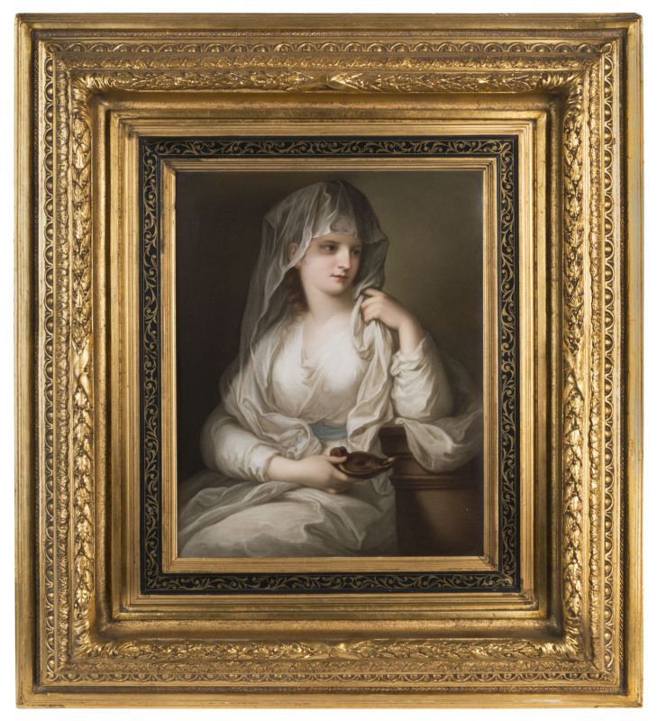 Important Berlin KPM German porcelain plaque portrait of The Duchess of Devonshire as a Vestal, by ANGELICA KAUFFMAN, late 19th century. Very fine original gilt frame with gallery exhibition label verso and details of exhibitions in London and Dresden. Ra