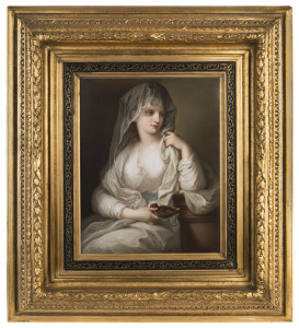Important Berlin KPM German porcelain plaque portrait of The Duchess of Devonshire as a Vestal, by ANGELICA KAUFFMAN, late 19th century. Very fine original gilt frame with gallery exhibition label verso and details of exhibitions in London and Dresden. Rare. plaque size 39 x 31cm, frame 72 x 64cm
