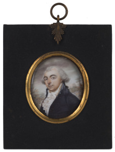 THOMAS PEAT (BRITISH 1791-1831) A miniature portrait of a gent, early 19th century, painted on ivory, signed "Peat" lower right, image size 5.5 x 4.5cm, frame 11 x 9.5cm overall