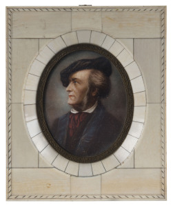 A hand-painted miniature portrait of WAGNER in a piano ivory frame, 19th century, 15 x 13cm overall