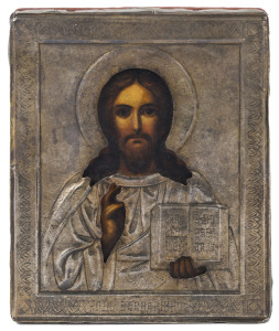 A 19th century Russian icon in silver mount, 13.5 x 11.5cm