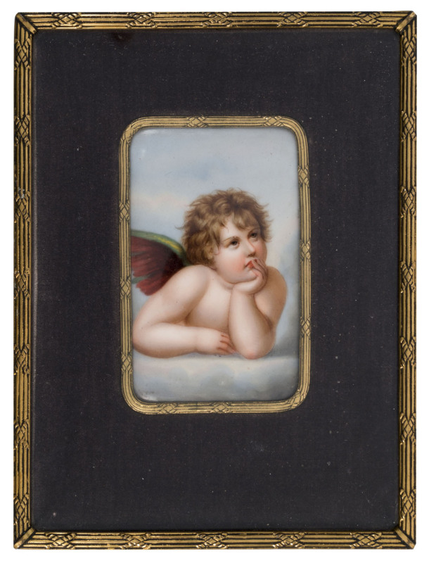 A miniature hand-painted porcelain cherub plaque, 19th century, in later gilt metal frame, 18 x 14cm overall