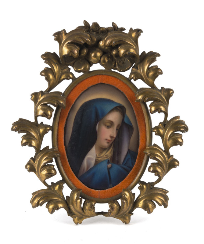 A miniature Mary Madonna painting on porcelain in carved gilt frame, 19th century, 16 x 14cm