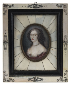 Miniature portrait of a lady in red dress, painted on ivory in ivory frame, 19th century, signed "R. MASSE" lower right, image size 9 x 7cm, frame 18 x 15cm overall