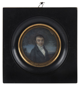 A Regency miniature portrait of a gent in blue coat, circa 1820s, image size 6cm diameter, frame 13 x 12.5cm