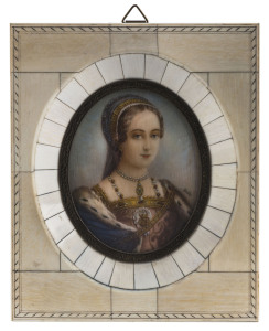 A miniature portrait of Lady Grey painted on ivory in ivory frame, signed lower right (illegible), late 19th century, image size 8 x 7cm, frame 15 x 12.5cm overall