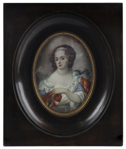 A miniature portrait of a noble lady, painted on ivory in wooden frame with ormolu mount, 19th century, pencil inscription verso (illegible), image size 8 x 6cm, frame 14 x 12cm overall