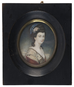 Miniature portrait of lady with blue ribbon in her hair, painted on card, 19th century, image size 8 x 6.5cm, frame 14 x 12cm overall