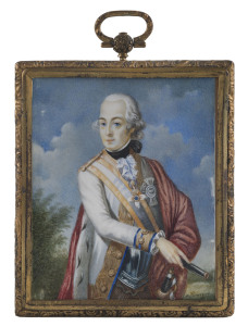 French 18th century miniature portrait of a nobleman, watercolour on paper in fine ormolu and brass frame, 11 x 9.5cm overall