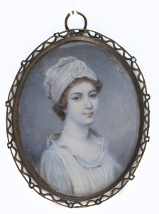 A miniature portrait of a young woman in white dress, brass and bead frame, 19th century, 9 x 7cm overall