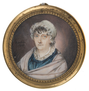 A French circular miniature portrait of a woman, signed lower left "BANBRIN, 1806", fine ormolu mount, Paris Exhibition label verso dated 1949, 7cm diameter overall