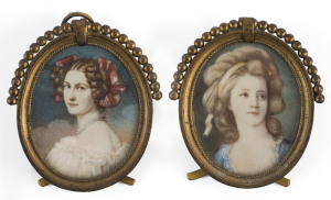 A pair of miniature portraits of ladies in matching ormolu frames, 19th century, 6 x 5cm each overall