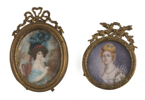 Two French miniature portraits of noble ladies in ornate ormolu frames, 19th century, 7.5cm and 6cm high