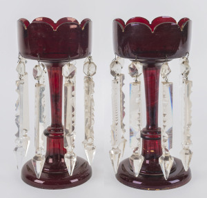 A pair of Victorian ruby glass lustres, 19th century, 28cm high