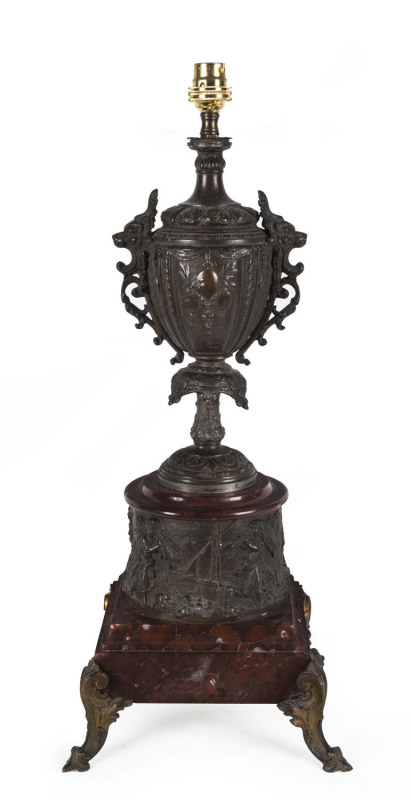 A French bronze lamp with rouge marble base, late 19th century, 53cm high