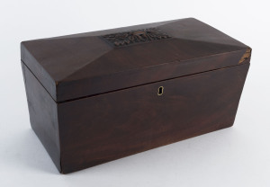 An English mahogany tea caddy, early 19th century, 16cm high, 32cm wide, 16cm deep