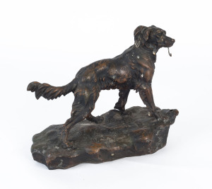 A red setter dog statue pocket watch holder, bronze finished spelter, 19th century, stamped "J.B.H.", 24cm high