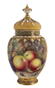 ROYAL WORCESTER hand-painted fruit pattern potpourri vase by Horace Price, 20th century, black factory backstamp, 33cm high