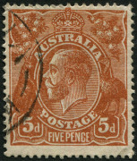 Australia: KGV Heads - Single Watermark: 1914-20 (SG.23) KGV 5d Single-line perf. 5d Chestnut Perf.14 with variety "Broken NE corner" [1L13], very fine used, BW:122h - Cat $75.