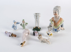 Group of nine assorted vintage and antique porcelain piano dolls, the tallest 13cm