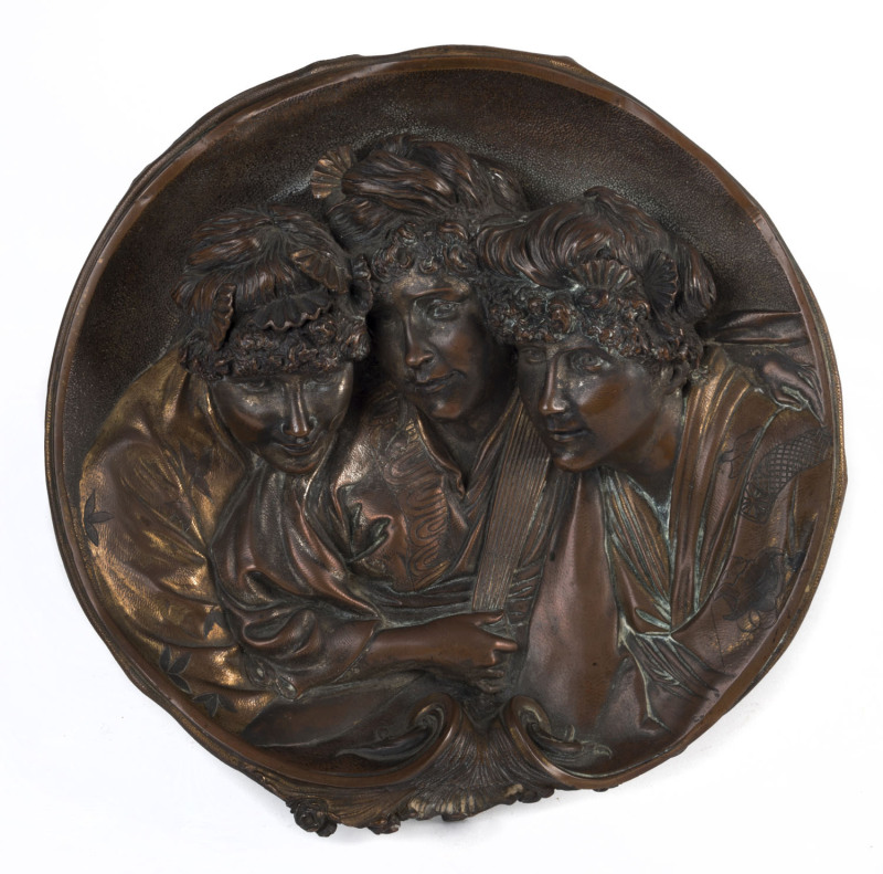 A French bronze plaque of ladies in Japanese dress, circa 1890, 23cm diameter