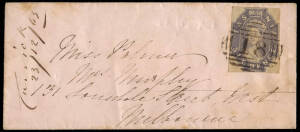 1863 (Dec.23) Carrick to Melbourne small lady's envelope bearing Imperforate 6d Chalon tied by clear BN '18' of Carrick & with postmasters endorsement at left. Launeston outwards Ship Letter mark on reverse.