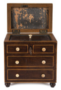 An English Georgian tea caddy in the form of a chest of drawers, mahogany and satinwood with whalebone handles, early 19th century, 13cm high, 12cm wide, 8cm deep - 2