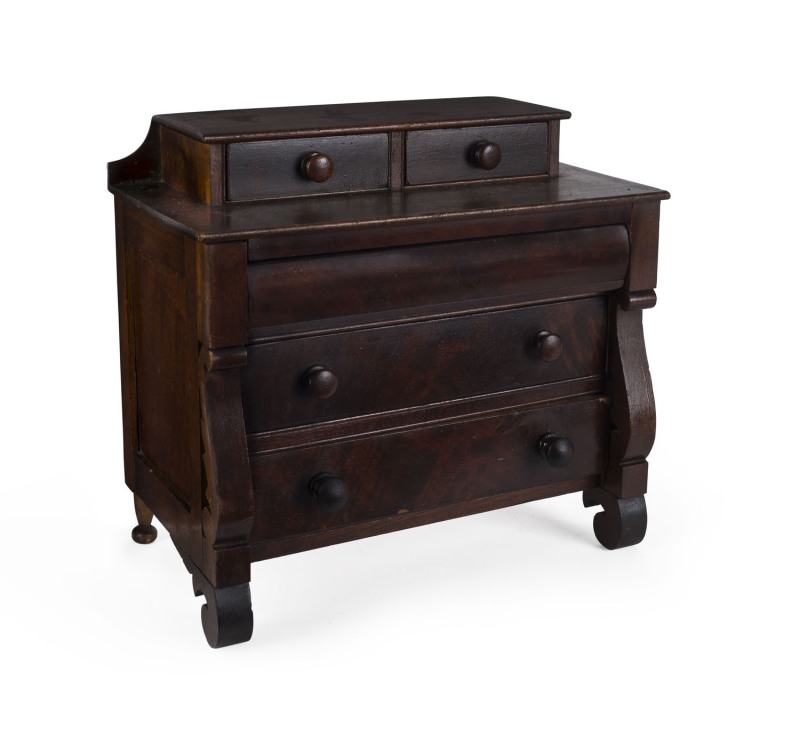 An apprentice chest of drawers, mahogany veneer on pine, 19th century, 28cm high, 30cm wide, 17cm deep