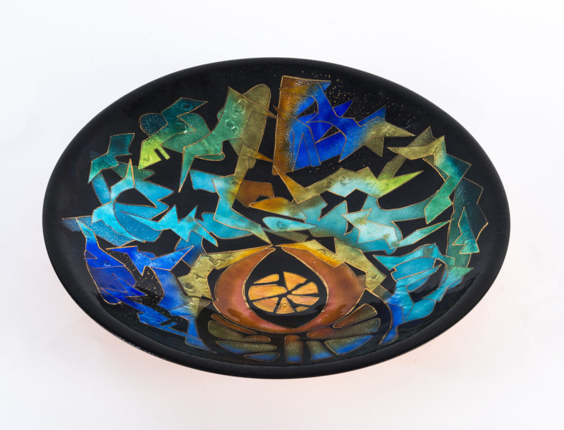 DEBBIE SHEEZEL contemporary enamel and copper charger, circa 1970s, signed at base "Sheezel", 39cm diameter