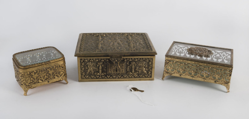 Three decorative brass boxes, 19th and 20th century, the largest 20cm across