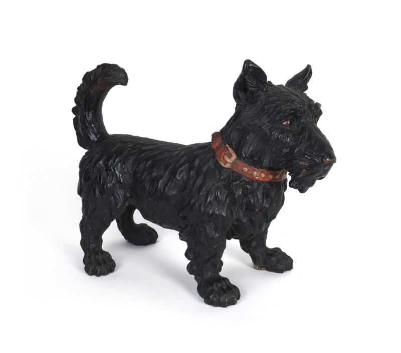 Cold painted copper Scotty dog statue, 19th century, 46cm long