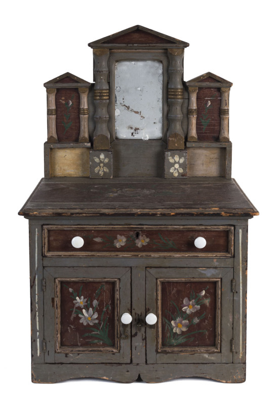 A Scandinavian salesman's sample miniature kitchen dresser with floral painted motif and porcelain handles, 19th century, 57cm high