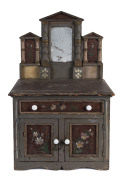 A Scandinavian salesman's sample miniature kitchen dresser with floral painted motif and porcelain handles, 19th century, 57cm high