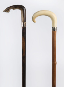 Two walking sticks, one with carved horn hoof handle, the other with silver collar and phenolic handle, 19th and 20th century, 789cm and 90cm high