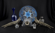 Perfume bottles, Mary Gregory vase, French Art Deco glass plate, crystal clock, and cast metal pheasant ornaments, 19th and 20th century, the vase 25cm high