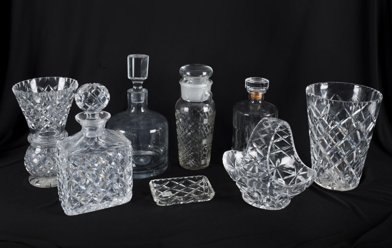 Crystal and glass decanters, cocktail shaker, vases, basket and dish, 20th century, tallest 25.5cm high