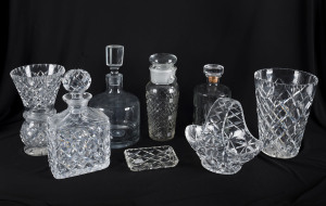 Crystal and glass decanters, cocktail shaker, vases, basket and dish, 20th century, tallest 25.5cm high