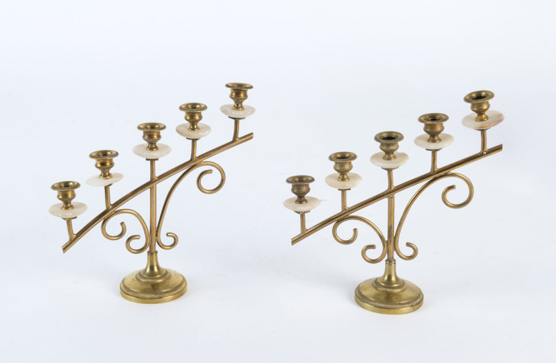 A pair of five branch brass and alabaster candelabra, late 19th century, 15cm high,