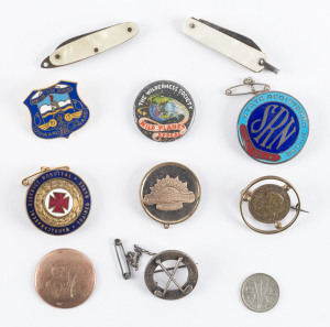 Assorted badges, medals, pen knife, coin etc, 19th and 20th century