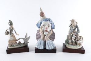 Three Lladro porcelain statues, 20th century, clown bust 31cm high