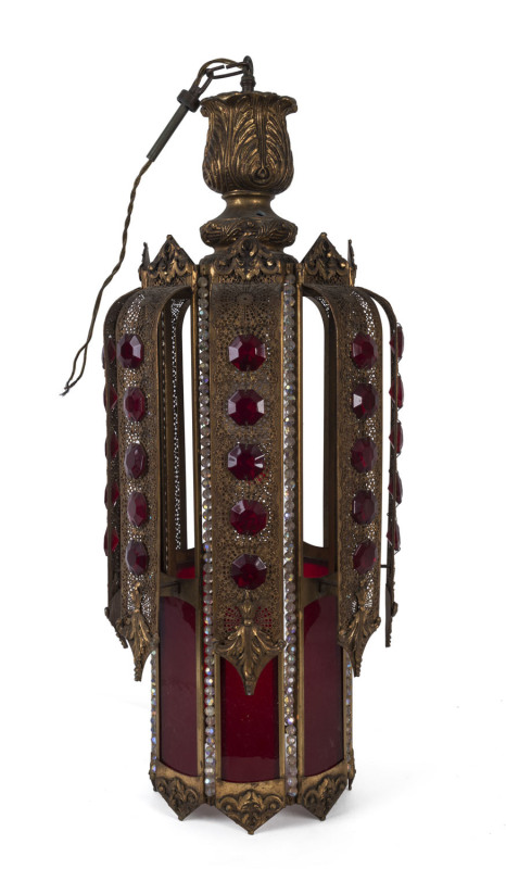 A Bohemian gilt metal and ruby glass theatre light, circa 1920s 70cm high