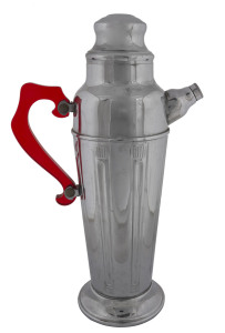 A vintage cocktail shaker, metal and red bakelite, circa 1950, 34cm high