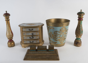 Florentine 4 drawer chest, desk set, waste paper bin and two pepper mills, 20th century, the chest 23cm high