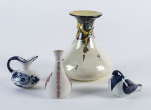 Danish porcelain miniature dove statue, Shelley porcelain Art Deco vase, Wedgwood jasper ware miniature vase and a Delft miniature jug, factory marks on all, the tallest 12.5cm high