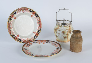 Two Royal Crown Derby porcelain plates, an English porcelain biscuit barrel and an antique stoneware jar found at Williamstown, Victoria. the jar 13.5cm high