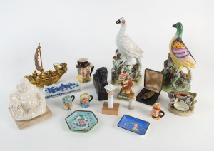 Two Staffordshire "Wood Pigeon" statues, miniature character jugs, Chinese enamel dishes, Buddha statue and assorted ornaments, 19th and 20th century, the tallest 25cm high