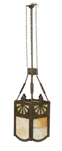 Art Nouveau Secessionist Pendant Lampshade adapted for electricity; Austria circa 1900, bronze with original glass panels, 120cm tall.