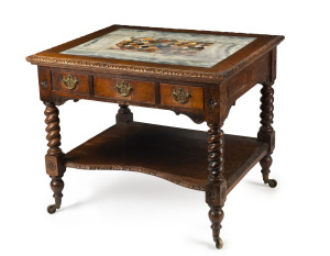 An English oak centre table with inlaid specimen stone top, 19th century, 76cm high, 93cm wide, 77cm deep