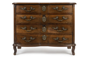 A French mid-18th Century "Arbalette" walnut chest of drawers, Rhone Valley, with four full width drawers and brass handles and escutcheons; 98 x 118 x 50cm.
