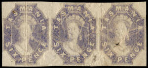 1858 6d Lilac on STAR WATERMARK paper prepared for use but not issued strip of three; all stamps show creasing as a consequence of the sheet being inially found in the bakc of a safe drawer. Cat.£2250.